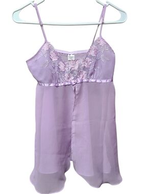 Womens Babydoll Sheer Lavender Lace Chemise with Satin Trim Small